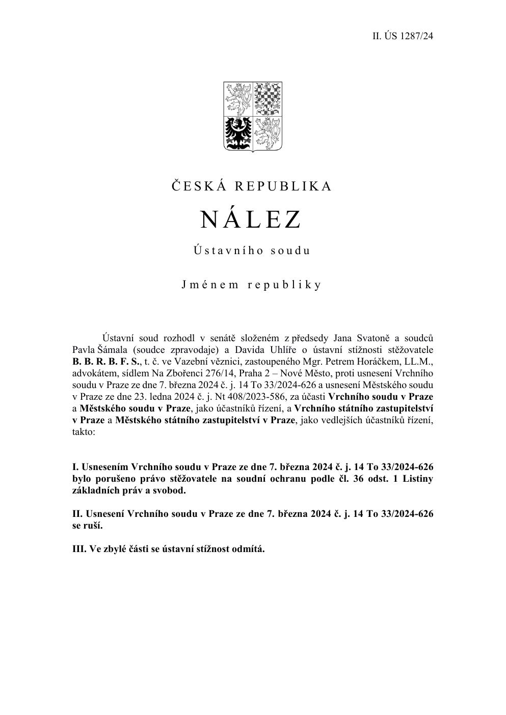 Nález Ústavního soudu II. ÚS 1287/24